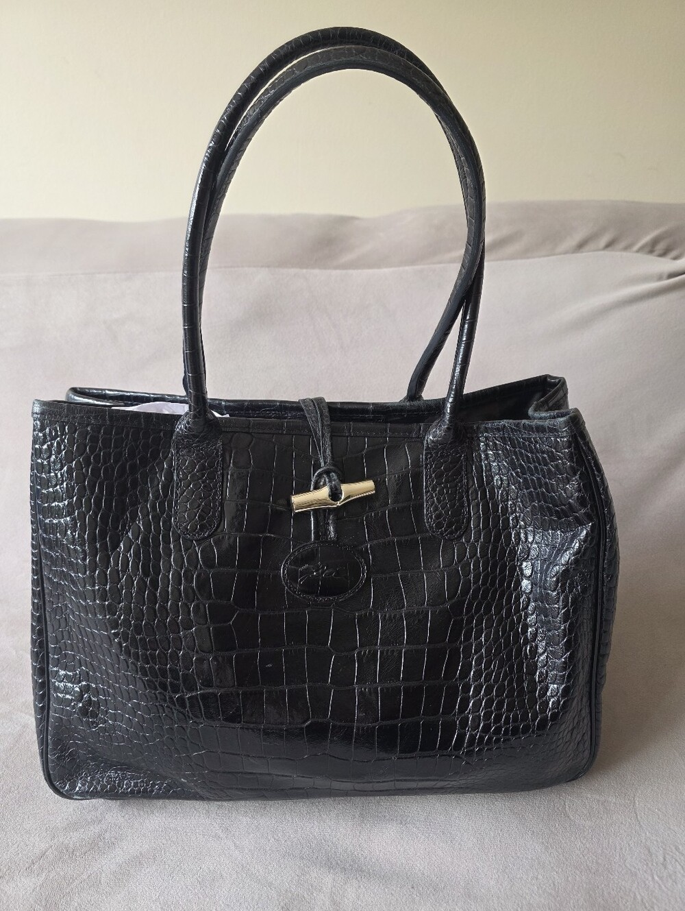 Longchamp Roseau Leather Handbag - Black Croc Embossed